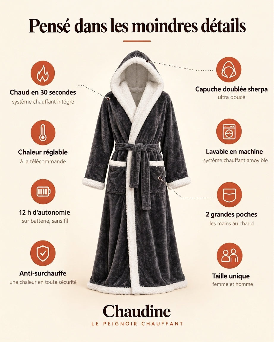 Caractéristiques du peignoir chauffant Chaudine : chaud en 30 s, chaleur réglable, 12 h d'autonomie, anti-surchauffe, lavable en machine