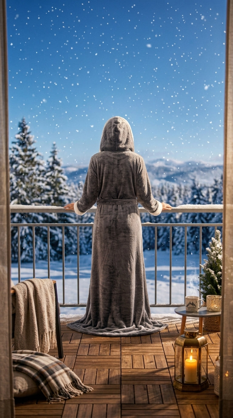 Femme en peignoir chauffant Chaudine sur un balcon enneigé face à la montagne