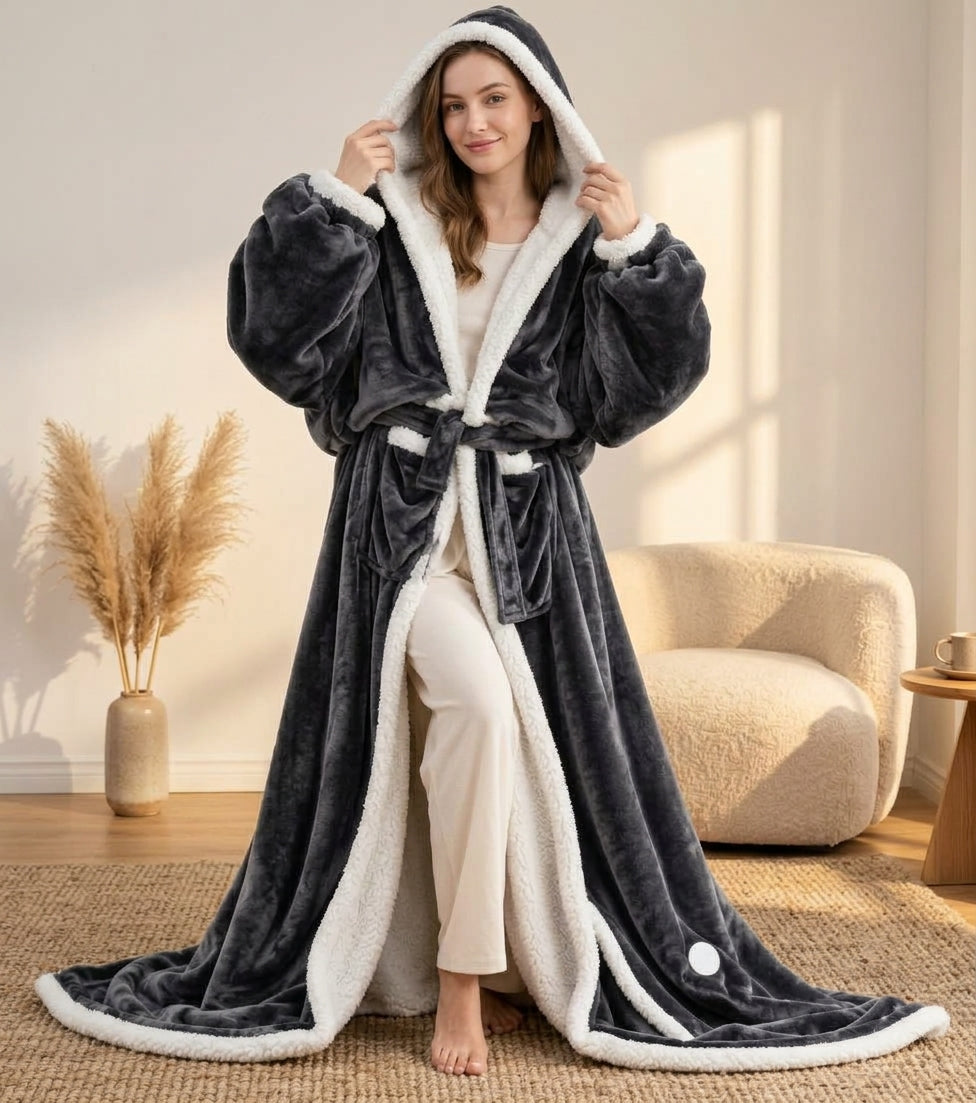 Peignoir chauffant électrique Chaudine gris anthracite avec capuche doublée sherpa
