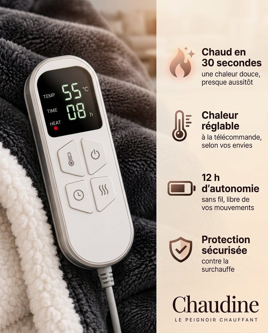 Télécommande du peignoir chauffant Chaudine : chaud en 30 secondes, chaleur réglable, 12 h d'autonomie