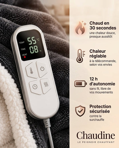Télécommande du peignoir chauffant Chaudine : chaud en 30 secondes, chaleur réglable, 12 h d'autonomie