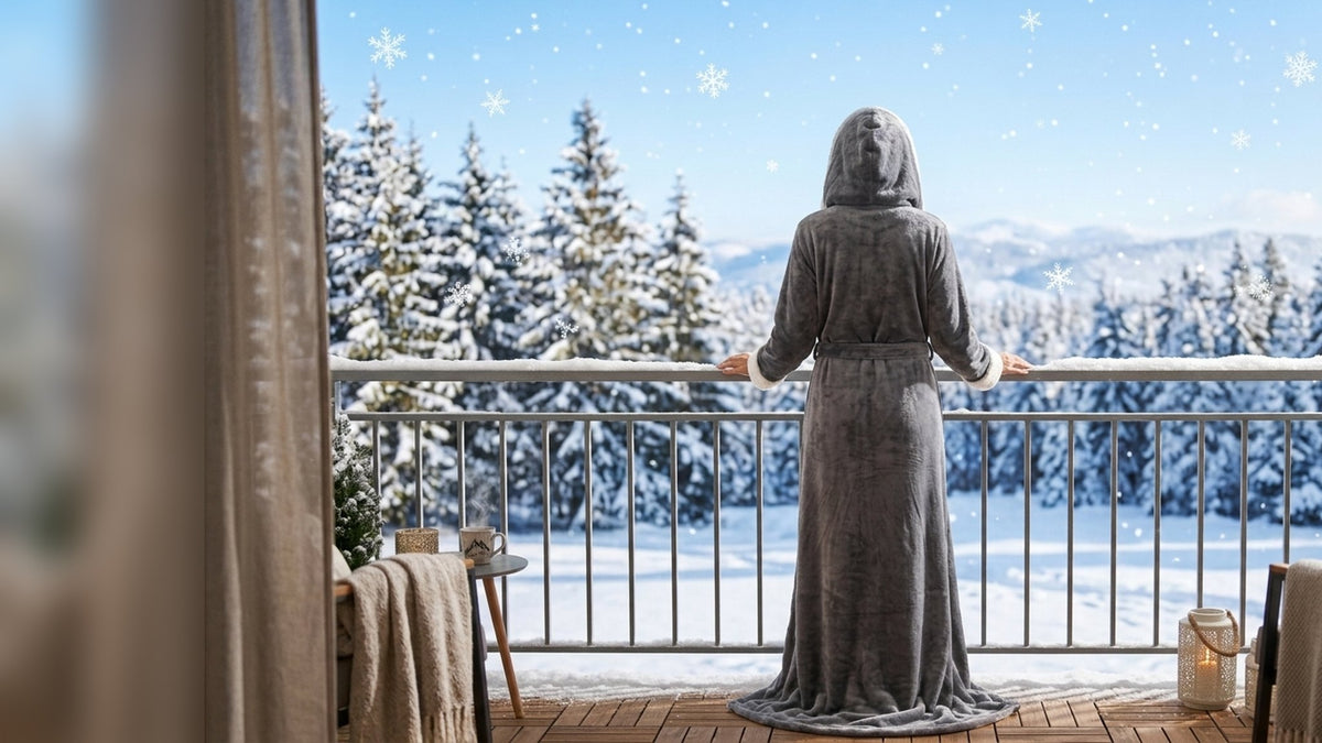 Femme en peignoir chauffant Chaudine sur un balcon enneigé face à la montagne