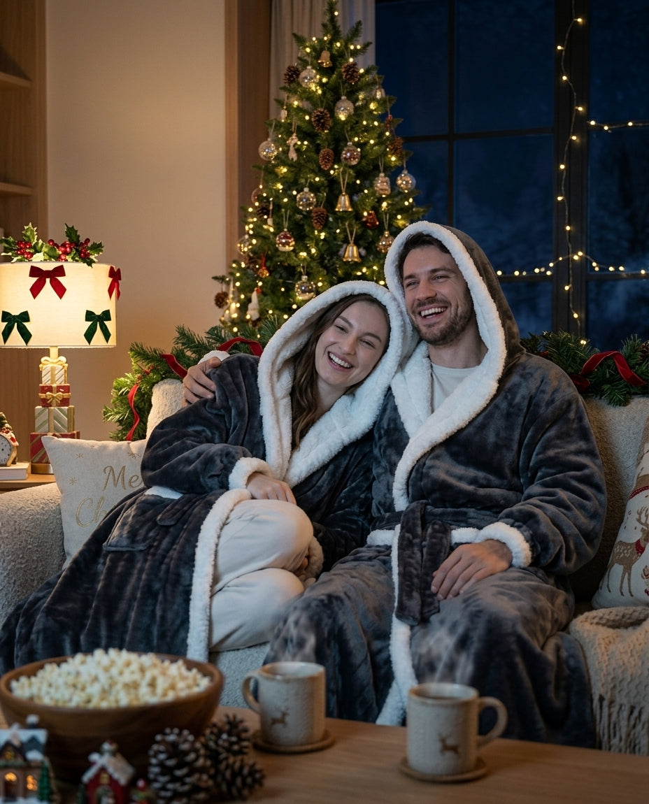 Couple en peignoirs chauffants Chaudine sur le canapé à Noël, Pack Duo