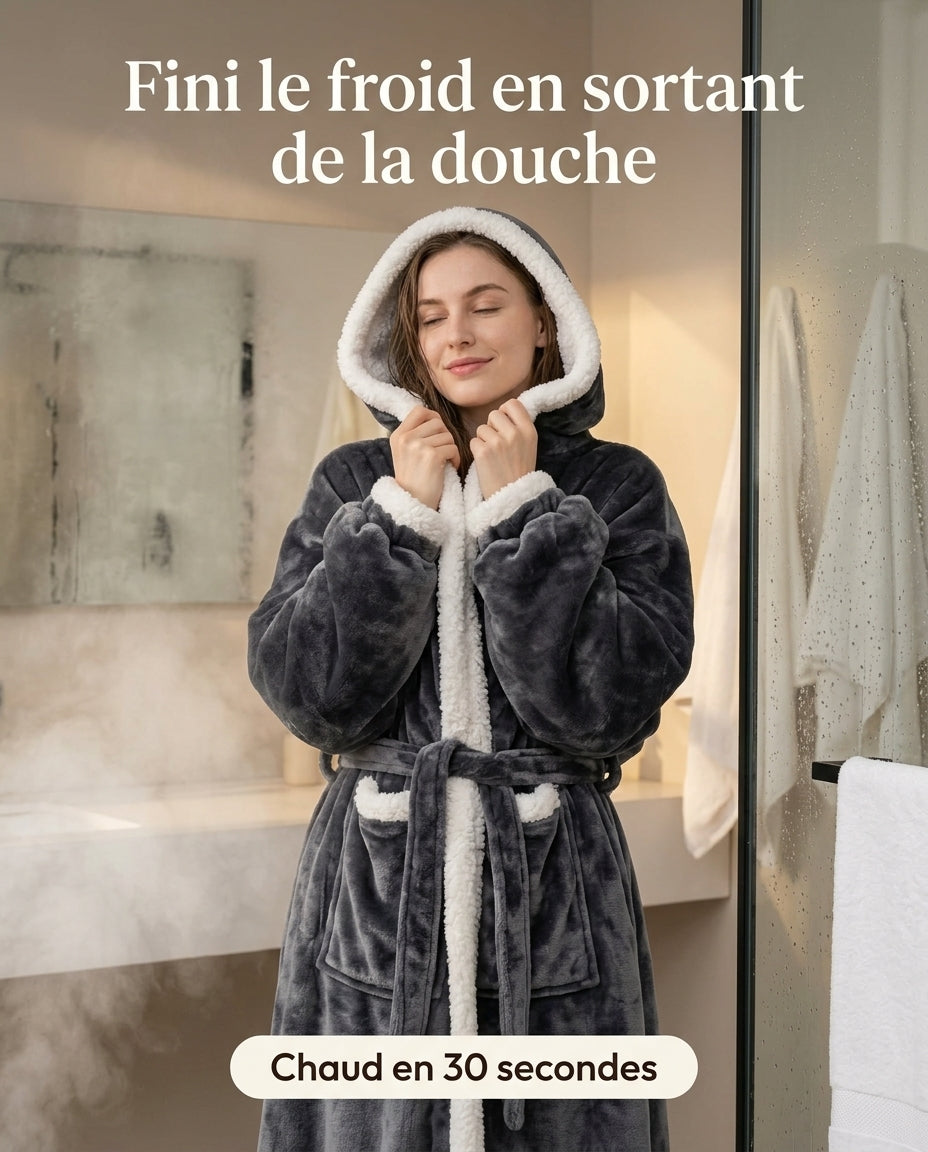Femme en peignoir chauffant Chaudine en sortant de la douche, chaud en 30 secondes
