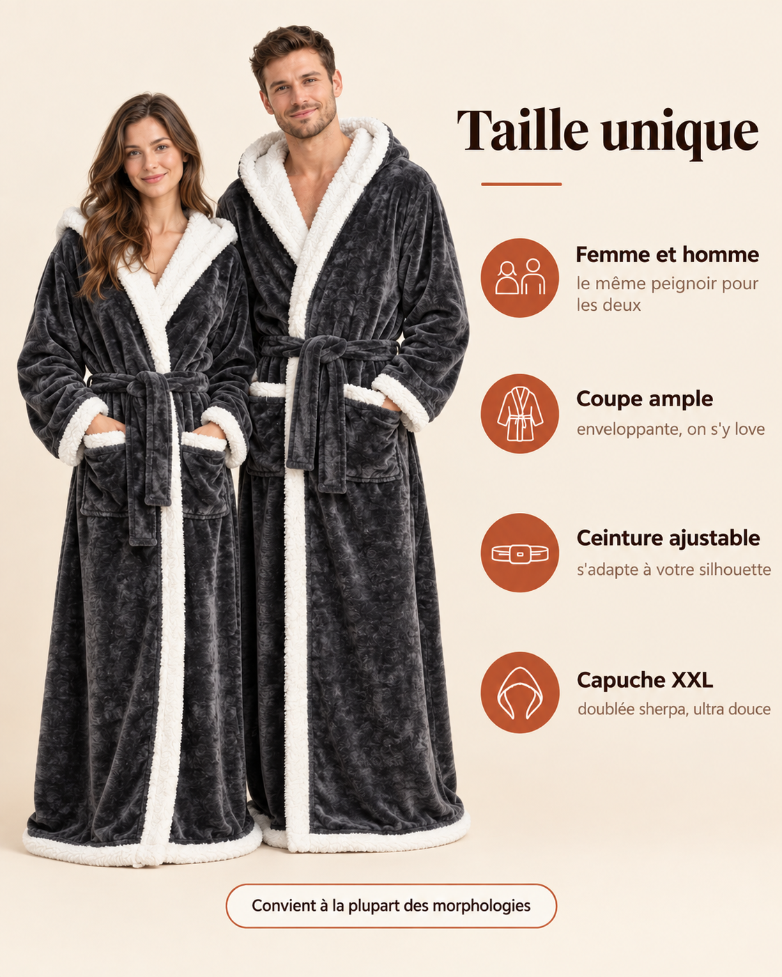Peignoir chauffant Chaudine taille unique, porté par une femme et un homme