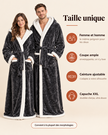 Peignoir chauffant Chaudine taille unique, porté par une femme et un homme