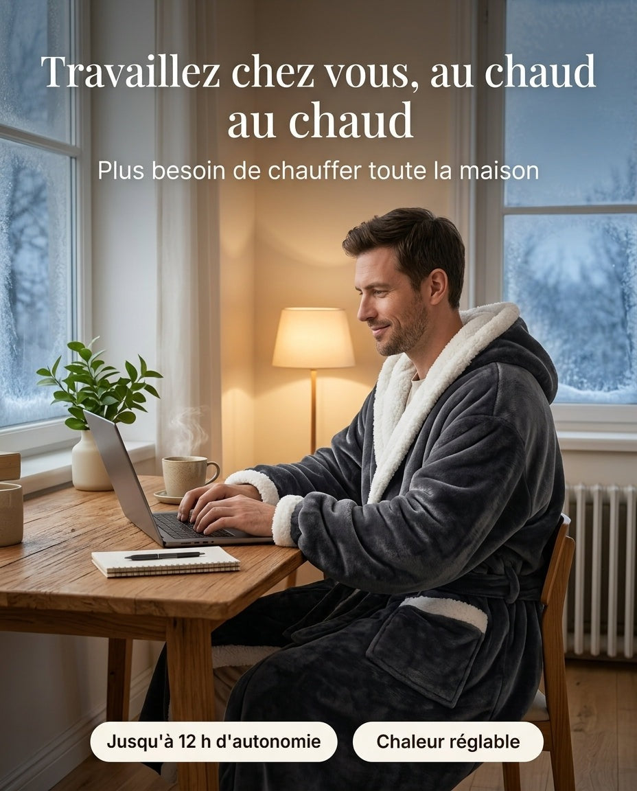 Homme en peignoir chauffant Chaudine en télétravail, au chaud à son bureau